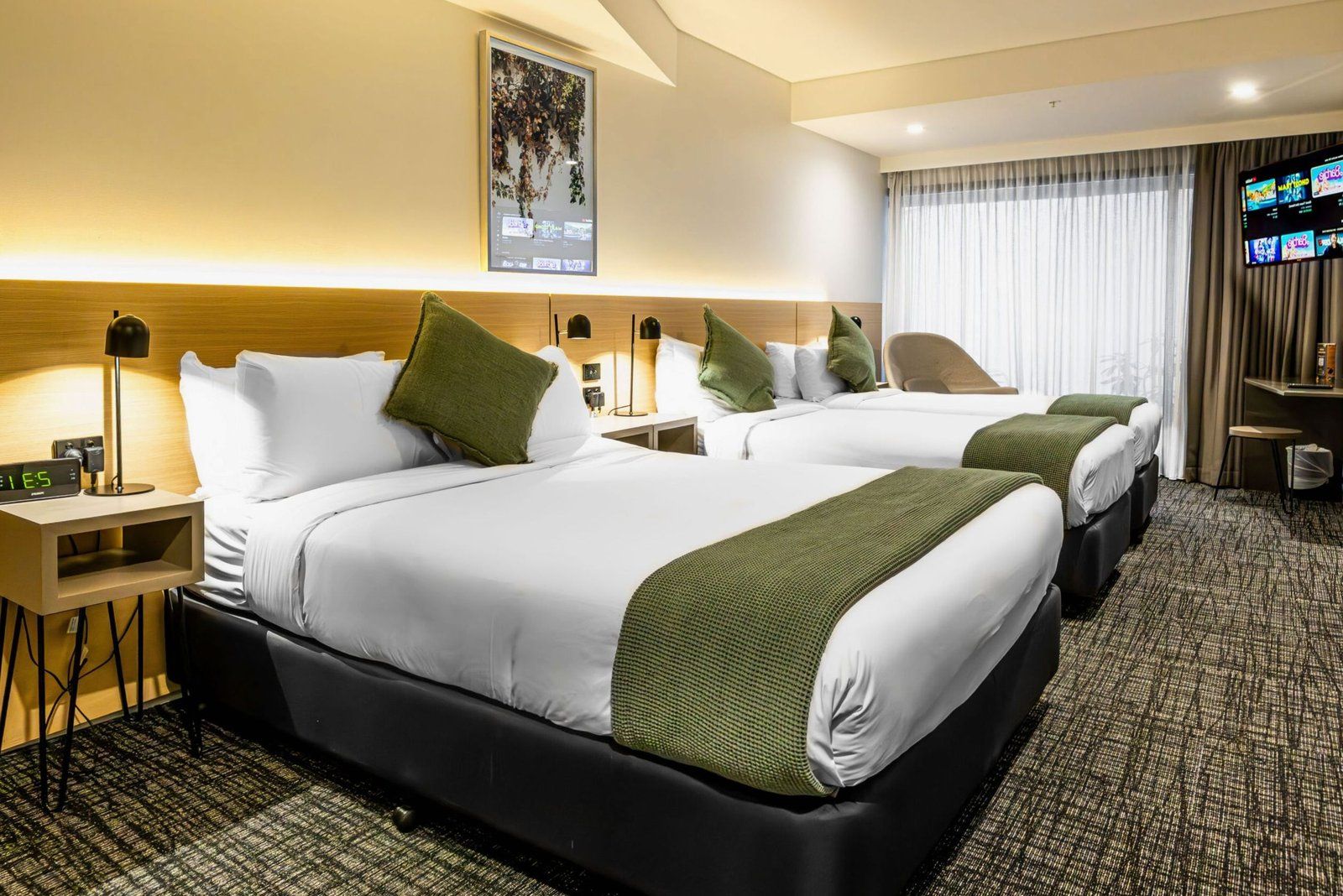 Elegant hotel room with Scandinavian minimalist design and natural light